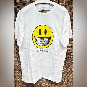 Propaganda-Ron English, NWT-White Graphic T-Shirt with Smiley Face Design, Large